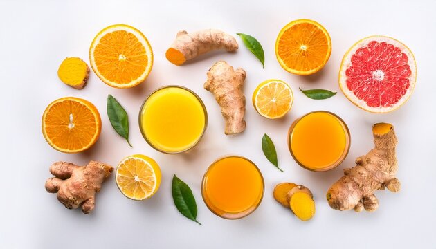 immune boosting natural vitamin health defending drink flat lay of fresh turmeric ginger and citrus juice shots over white background top view wide composition vegan immunity system booster
