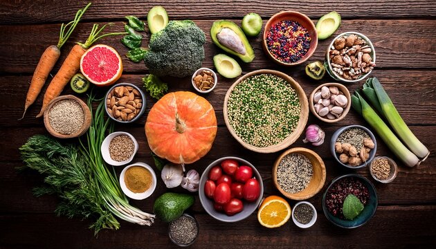 spring healthy vegan food cooking ingredients flat lay of vegetables fruit seeds sprouts flowers greens over wooden background top view wide composition diet clean eating food concept