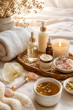 Serene Spa Retreat Still Life with Skincare and Candle