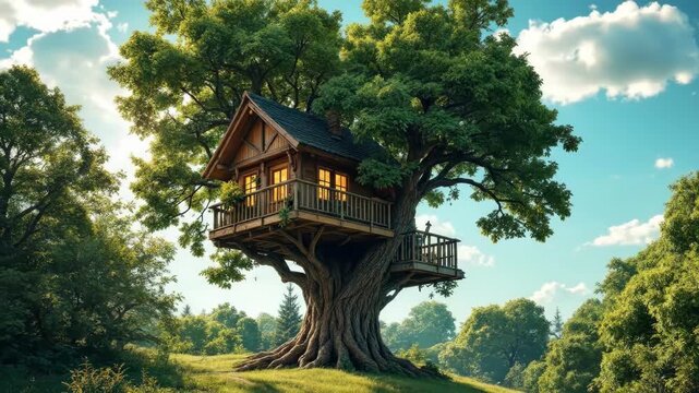 Cozy wooden treehouse nestled in lush green oak with sunlight and blue sky