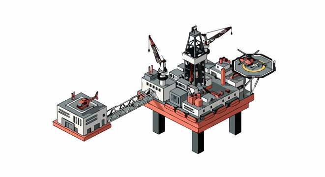 Offshore oil rig platform complex with helipad and connecting bridge.
