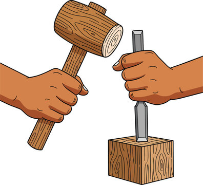 Woodworker hands using wooden mallet and chisel to carve wood block