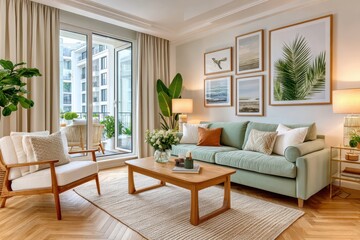 Fototapeta premium Bright modern living room in apartment with pastel sofa, gallery wall and balcony plants