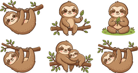 Fototapeta premium Cute Sloth Character Vector Set with Mother and Baby Hanging from Branches and Meditating for Kids Nursery Decor and Wellness Themed Digital Designs