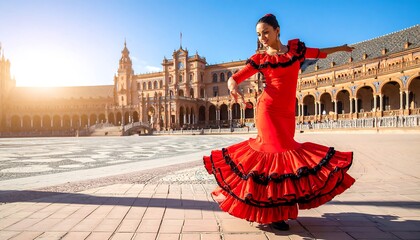 Fototapeta premium Woman in vibrant red dress performs a flamenco dance in a sunny plaza