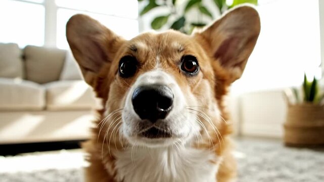 Funny Corgi Hound with Surprised Wide Eyes Expression in a Bright Modern Living Room