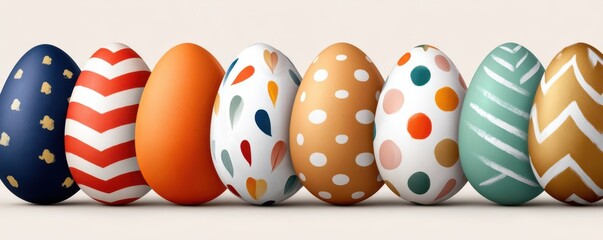 Naklejka premium Colorful painted Easter eggs with various patterns lined up in a festive spring row