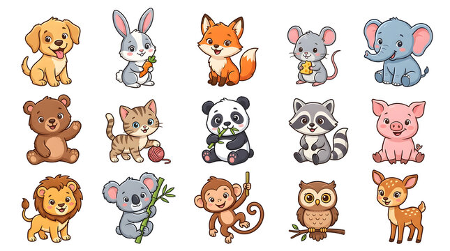 Cute Animal Cartoon Set: A delightful collection of cartoon animal, each designed with charm and bright eyes to capture hearts.