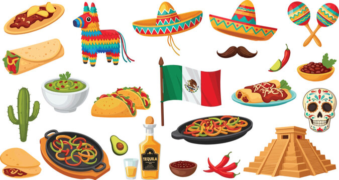 Mexican culture icons set with traditional food sombrero pi&ntilde;ata maracas flag and symbols, colorful festive vector collection representing Mexico heritage and cuisine
