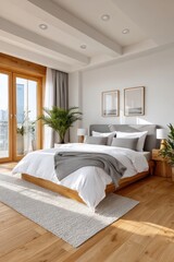 Fototapeta premium Bright modern bedroom with white bedding, light wood flooring and plants for a calm retreat