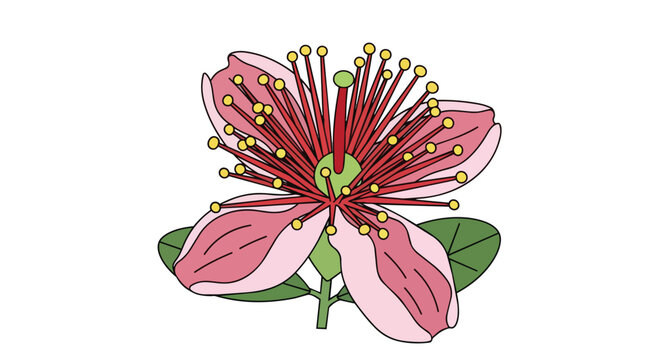 Pink Feijoa Flower Illustration with Red Stamens and Green Leaves Isolated on White