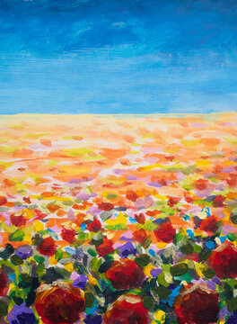 Abstract field painting with vibrant red flowers and blue sky