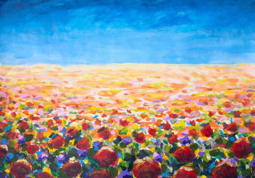 Colorful abstract flower field painting under bright sky