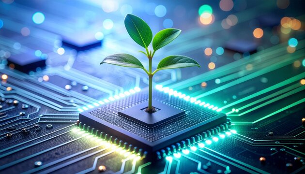 Generative AI illustration of glowing plant growing on computer chip representing digital ecology business and blurred background