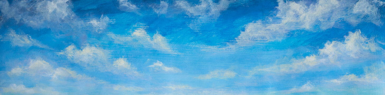 Painted blue sky with white fluffy clouds background