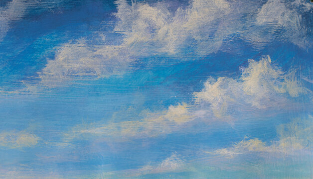 Painted sky with white clouds and blue textures