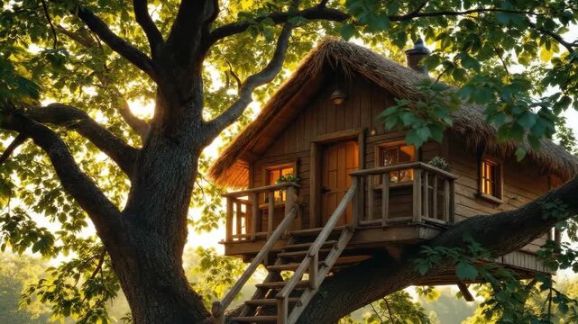 Cozy wooden treehouse at sunset with sunlight streaming through leaves