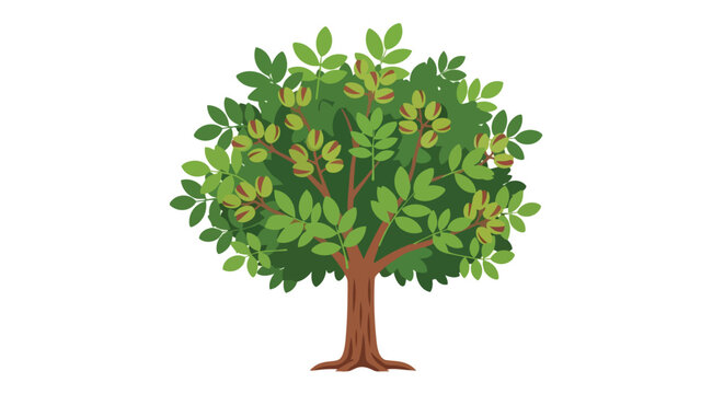 Pecan tree illustration with green leaves and ripe nuts isolated on white background