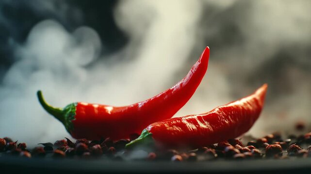 Red chili peppers lie on dark surface. Steam rises behind them in soft wisps. Pepper seeds surround them on the plate. Light highlights their glossy, curved shape. Steam drifts subtly, adding mystery