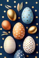 Naklejka premium Easter decorated eggs in blue and gold polka dot pattern on a dark navy background for spring