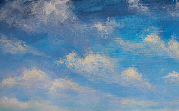 Blue sky painting with white fluffy clouds artwork
