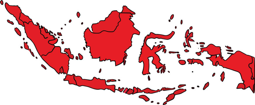 Red Indonesia Map Silhouette with Black Outline Vector Illustration