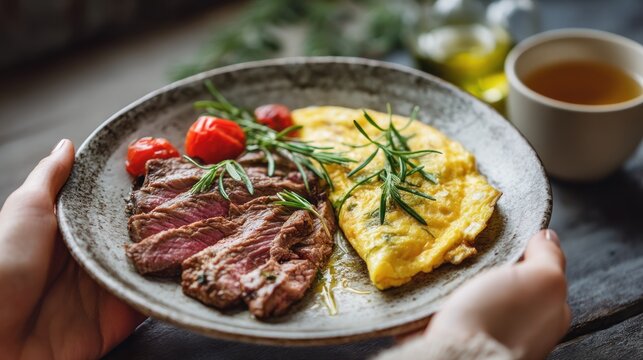 Plate of steak eggs and tomatoes