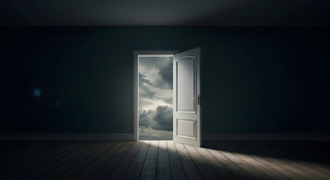 Open door in a dark room leading to a cloudy sky