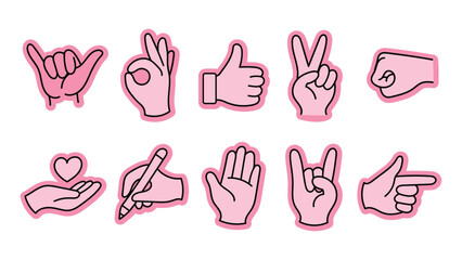 Set of Cute Pink Hand Gestures and Finger Signs Featuring Flat Vector Illustrations Showing Various Communication Signals Like Victory Thumb Up Love and Pointing © tamimdesignhub