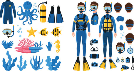 Scuba diving equipment and diver character set with wetsuit fins oxygen tank mask underwater animals and coral, detailed vector illustration collection for marine adventure © MdAbdul
