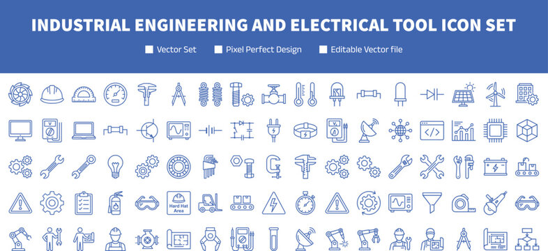 Comprehensive industrial engineering and electrical tool icon set featuring mechanical hardware electronics components factory automation site safety and technical manufacturing equipment