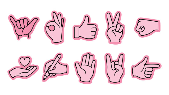 Set of Cute Pink Hand Gestures and Finger Signs Featuring Flat Vector Illustrations Showing Various Communication Signals Like Victory Thumb Up Love and Pointing