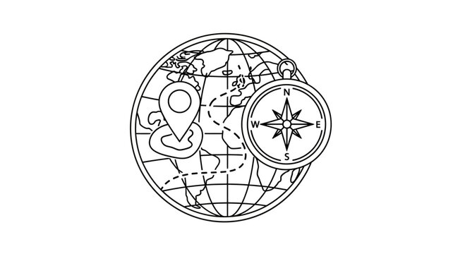 Vector line illustration of a globe with a location pin and a navigation compass.