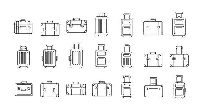 Set of travel suitcase and luggage icons in hand drawn sketch style.
