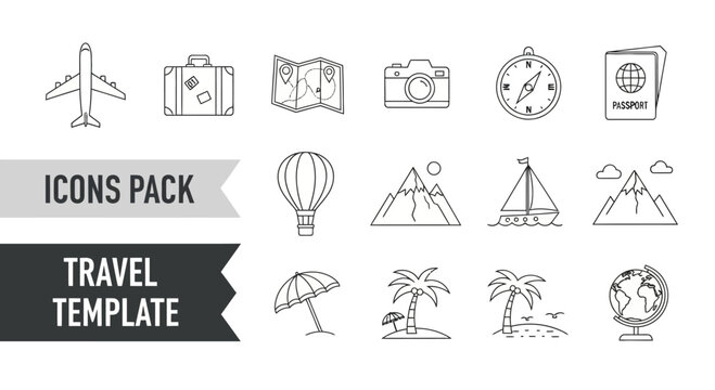 Set of hand drawn travel and vacation icons.