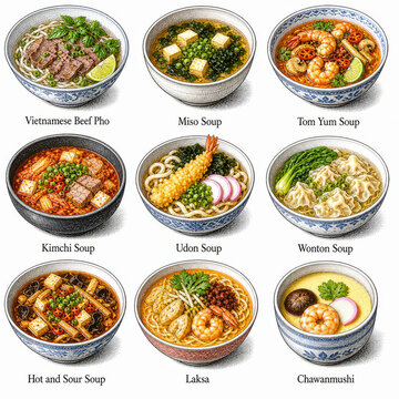  En la imagen se muestran los platos m&aacute;s famosos de sopas asi&aacute;ticas, incluyendo pho vietnamita, sopa de miso japonesa, tom yum tailand&eacute;s, kimchi coreano, udon y wonton, representando una selecci&oacute;n ic&oacute;