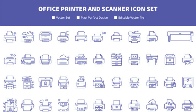 Comprehensive office printer and scanner icon set featuring laser inkjet multifunctional copiers wireless printing technology industrial plotters and document 3d production hardware
