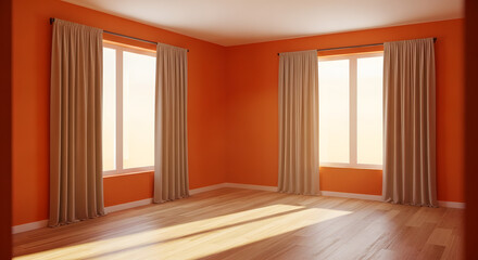 Fototapeta premium Empty room with orange walls, wooden floor and beige curtains