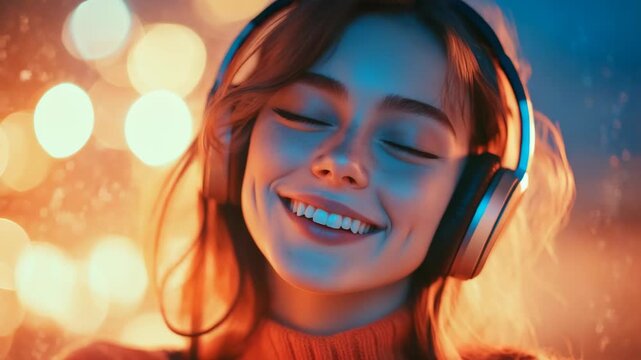 Warm glow illuminates her joyful smile. She wears large headphones, eyes gently closed. Soft bokeh lights shimmer behind her. Her hair flows gently in the warm ambiance
