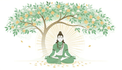 Obraz premium A serene depiction of Lord Shiva meditating peacefully under a blossoming tree, radiating divine energy.