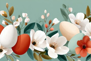 Naklejka premium Easter eggs and spring flowers seamless vector border with hand-drawn blooms and pastel colors