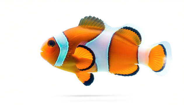 A vibrant orange and white clownfish with black-edged fins swims gracefully against a stark white background, showcasing its iconic stripes and playful appearance.