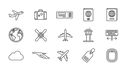 Set of travel and aviation related line art icons. © Safa_Sekar Madinah