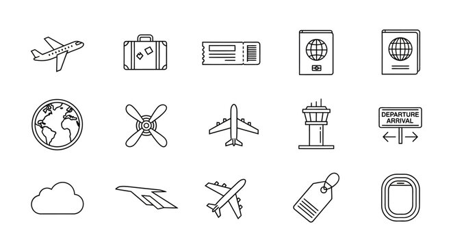 Set of travel and aviation related line art icons.