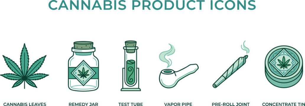Cannabis product icons set with leaf, remedy jar, test tube, vapor pipe, pre-roll joint, and concentrate tin vector illustration