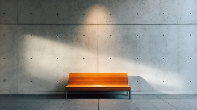 Sleek orange bench on tiled floor beside plain concrete wall