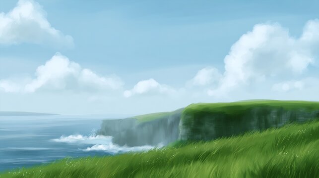Coastal cliffs with lush green grass and blue ocean under cloudy sky