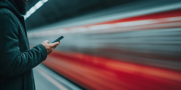 Blurred train speeds past person using smartphone at station