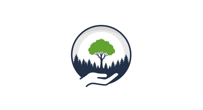 Hand holding tree in globe icon.