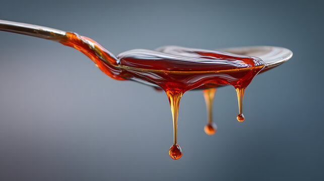 Caramel syrup dripping from spoon with glossy amber strands and suspended droplets conveying motion and sweetness